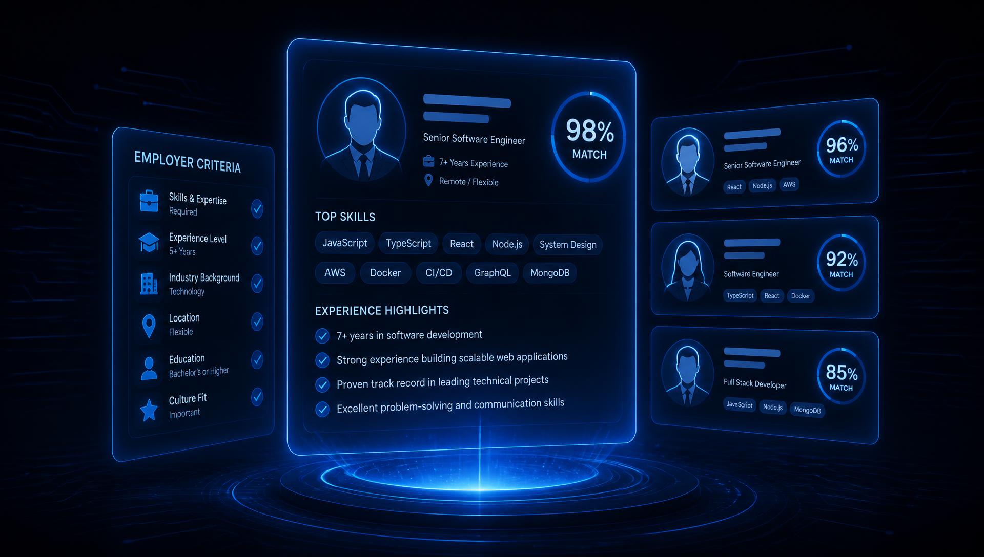 resUmatch AI matching visualization — glowing candidate profile cards ranked by match score against employer criteria